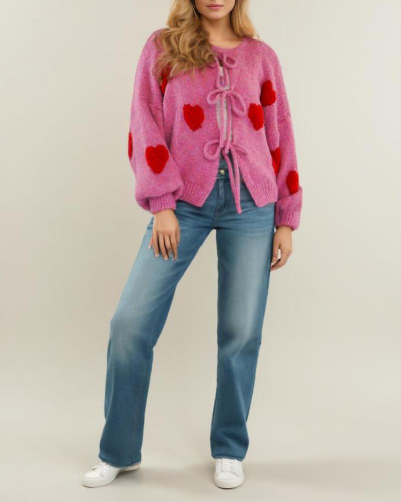 Heart Pattern Long Sleeve Round Neck Tied Detail Cardigan Spring Winter Top