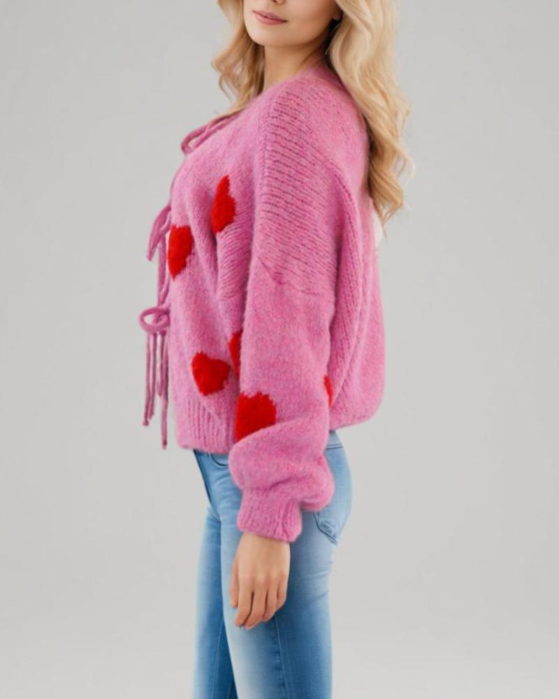 Heart Pattern Long Sleeve Round Neck Tied Detail Cardigan Spring Winter Top