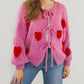 Heart Pattern Long Sleeve Round Neck Tied Detail Cardigan Spring Winter Top