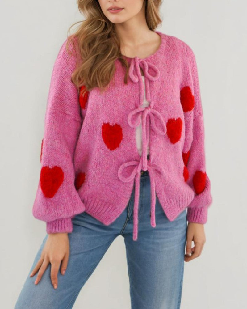 Heart Pattern Long Sleeve Round Neck Tied Detail Cardigan Spring Winter Top