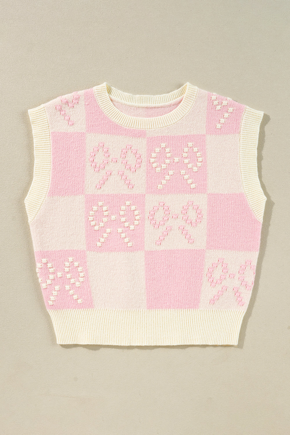 Pink Preppy Bow Detail Checkered Sweater Vest