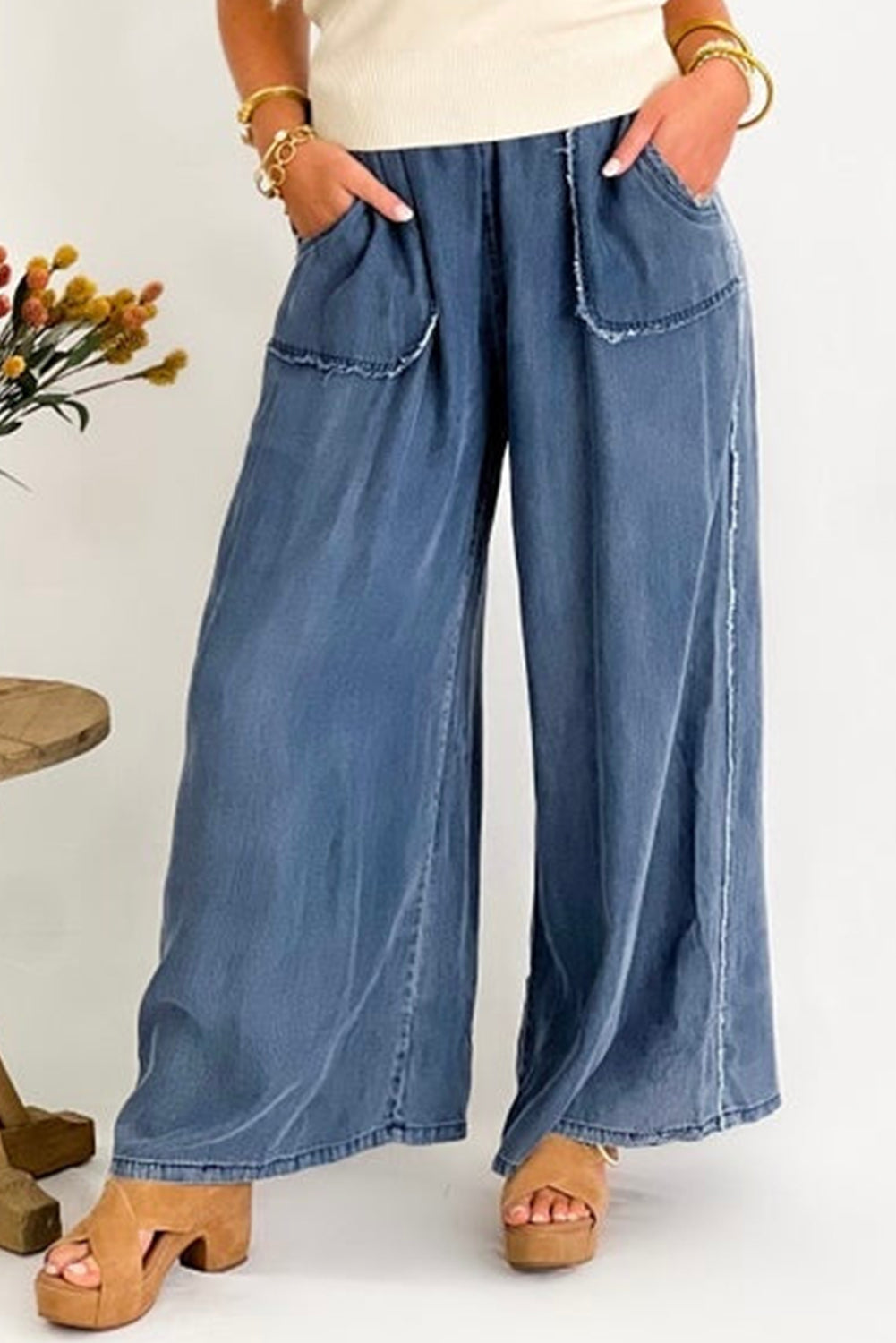 Sail Blue Washed Denim Chambray Loose Plus Size Pants