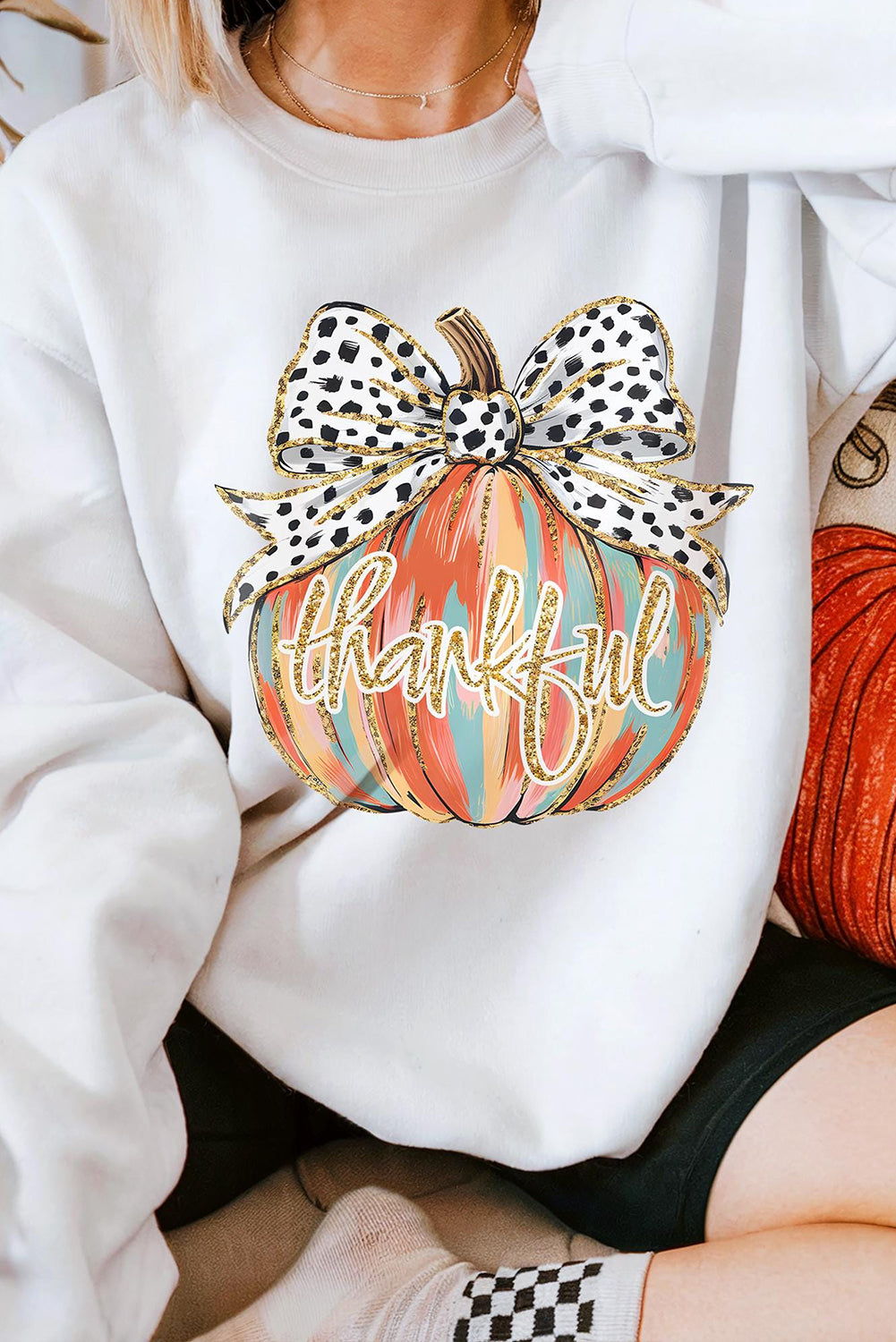 Beige Polka Dot Bow Knot Pumpkin Print Thanksgiving Sweatshirt