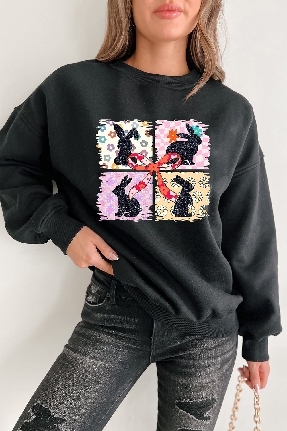 Black Floral Bunny Plaid Bow Graphic Easter Fashion Sweatshirt