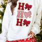 White Chenille HO HO HO Bow Patched Graphic Christmas Sweatshirt