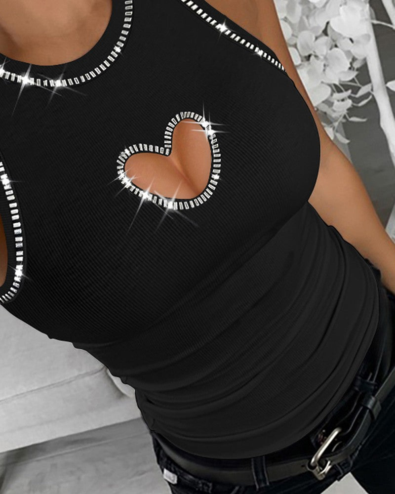 Rhinestone Hollow Heart Tank Top