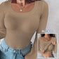 U Neck Built in Bra Long Sleeve Ribbed Top