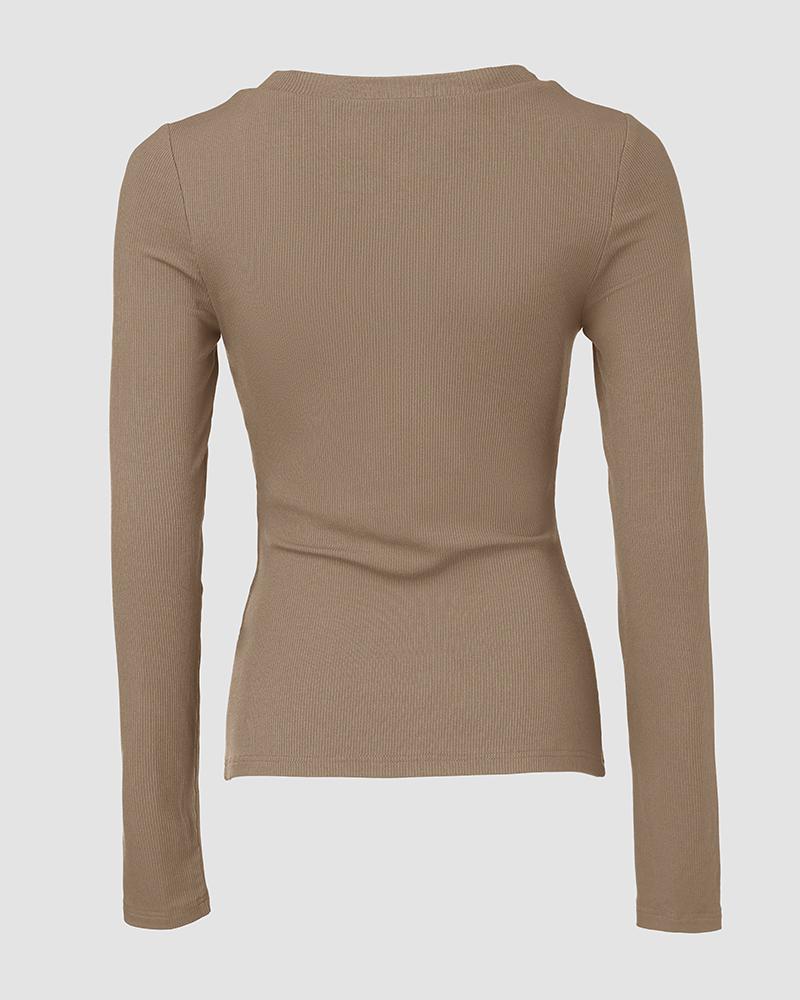 U Neck Built in Bra Long Sleeve Ribbed Top