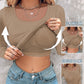 U Neck Built in Bra Long Sleeve Ribbed Top