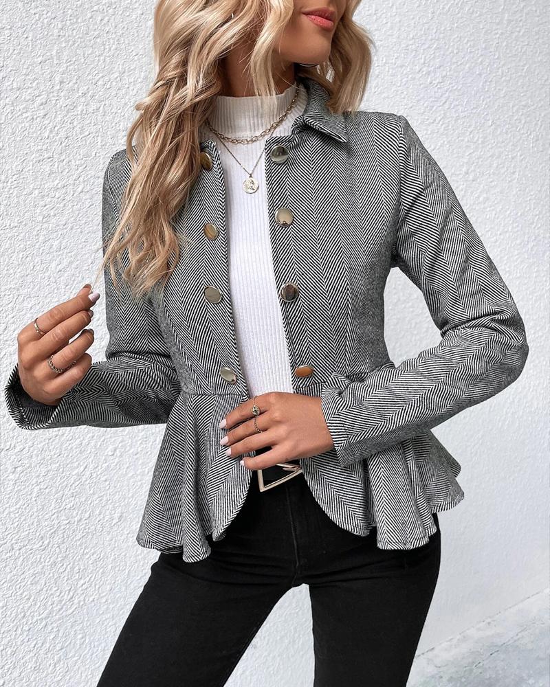 Striped Button Front Ruffle Hem Slim Fit Blazer Coat