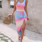 Ombre Ribbed Drawstring Ruched High Slit Dress