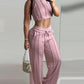 Piping Crop Tank Top & Pocket Design Pants Set