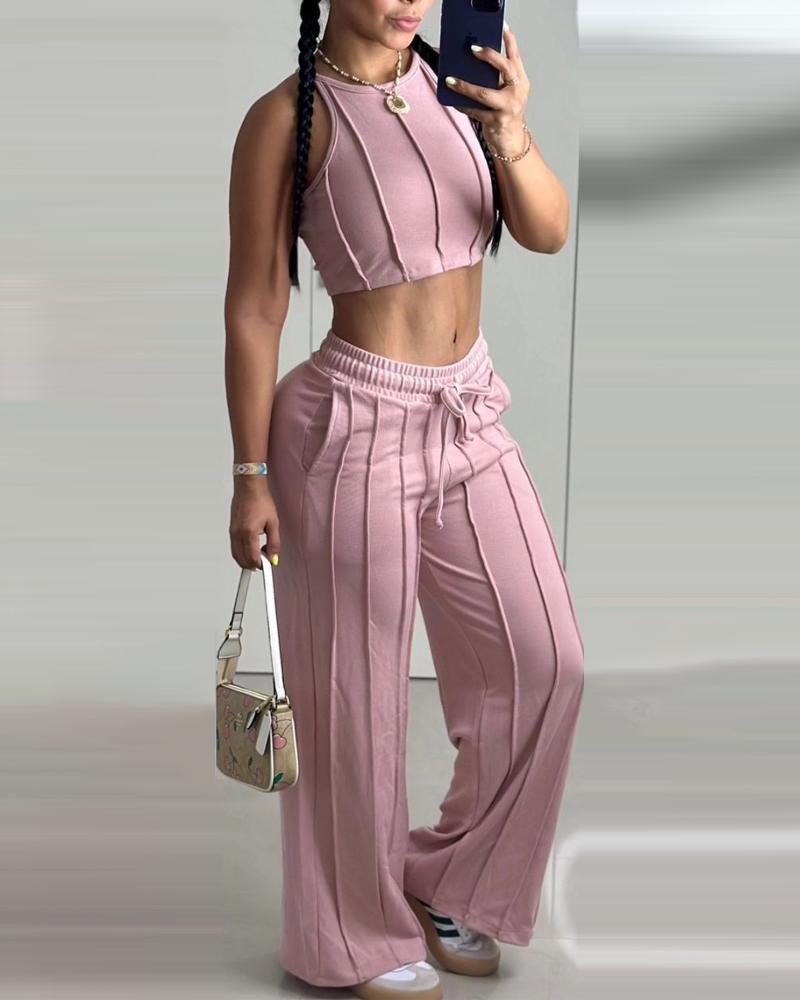 Piping Crop Tank Top & Pocket Design Pants Set