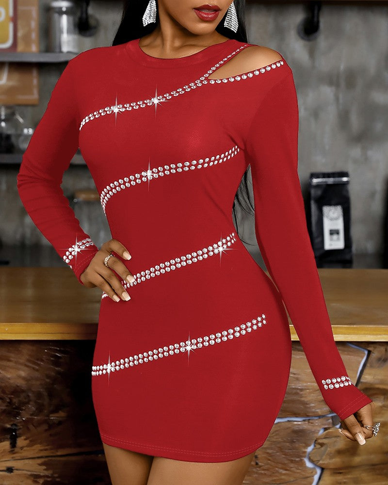 Studded One Shoulder Long Sleeve Bodycon Dress