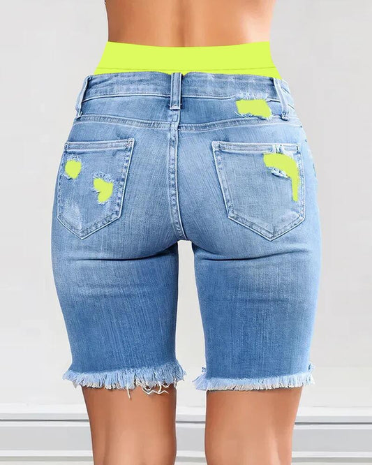 Colorblock Letter Print Ripped 2 In 1 Denim Shorts