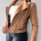 Lapel Collar Zip Up Long Sleeve Motor Biker Short Coat Pocket Design Jacket