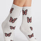 White Butterfly Pattern Ribbed Edge Soft Crew Socks