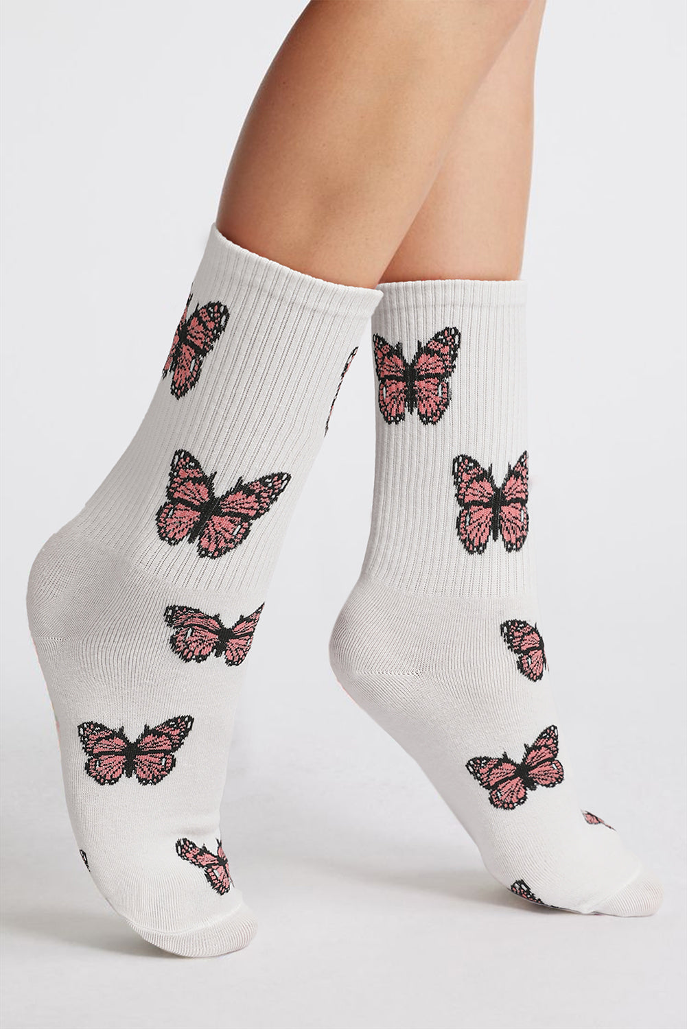 White Butterfly Pattern Ribbed Edge Soft Crew Socks