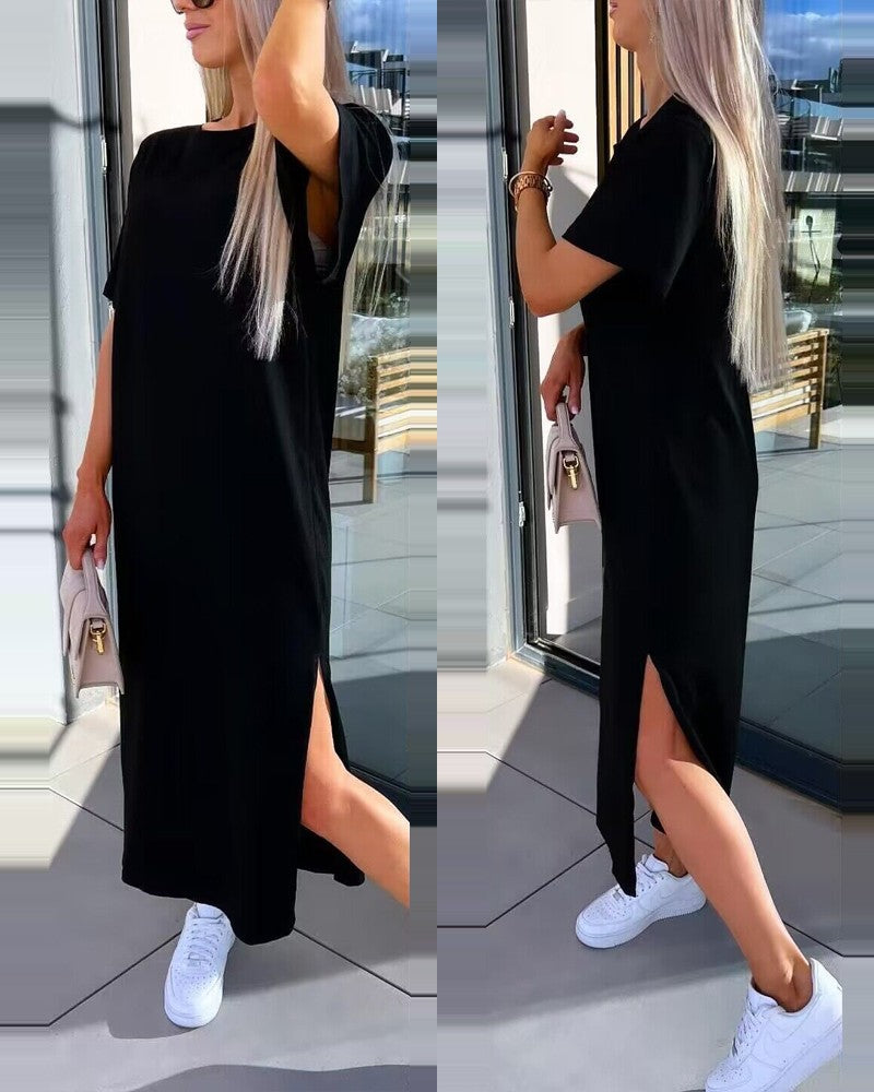 Slit Short Sleeve Round Neck Casual Dress