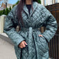 Canton Lapel Collar Belted Quilted Long Puffer Coat