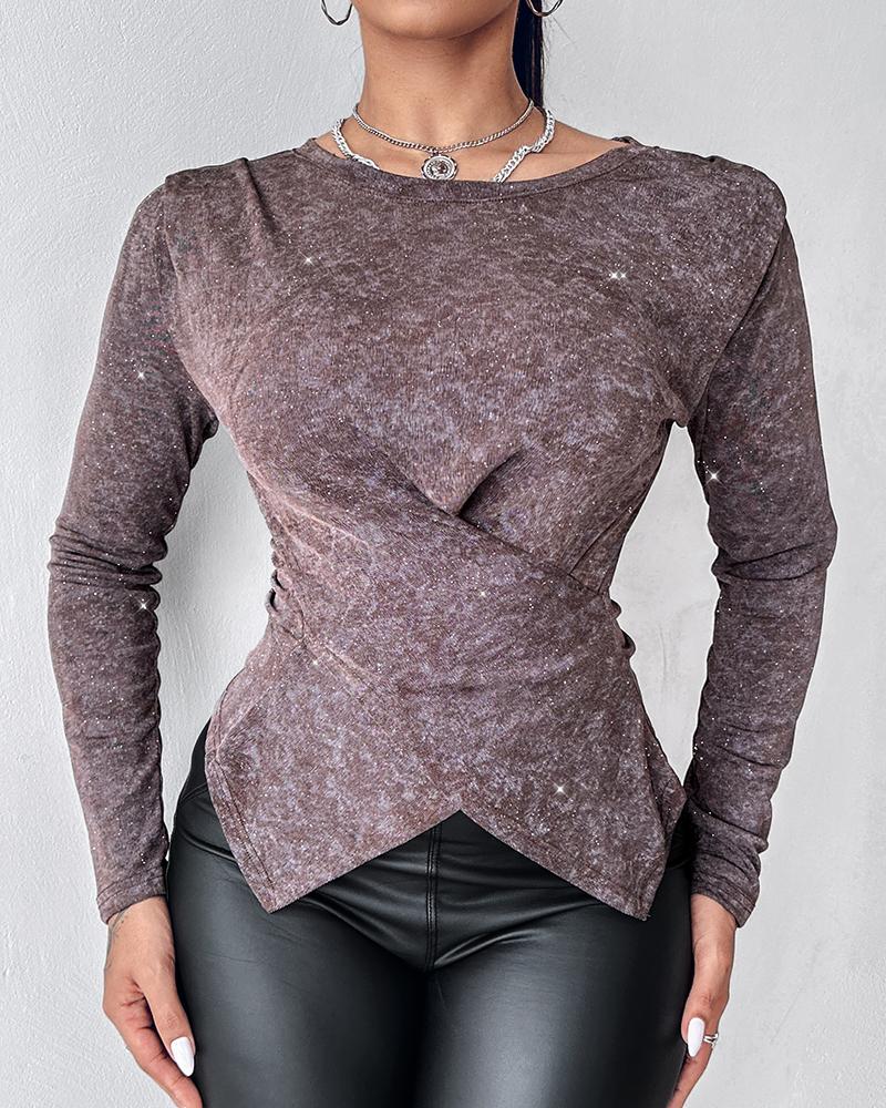 Glitter Round Neck Long Sleeve Crisscross Top