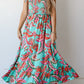 Green Abstract Print Smocked Bodice Knotted Straps Ruffled Maxi Dress