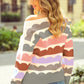 Gray Wave Striped Balloon Sleeve Drop Shoulder Sweater