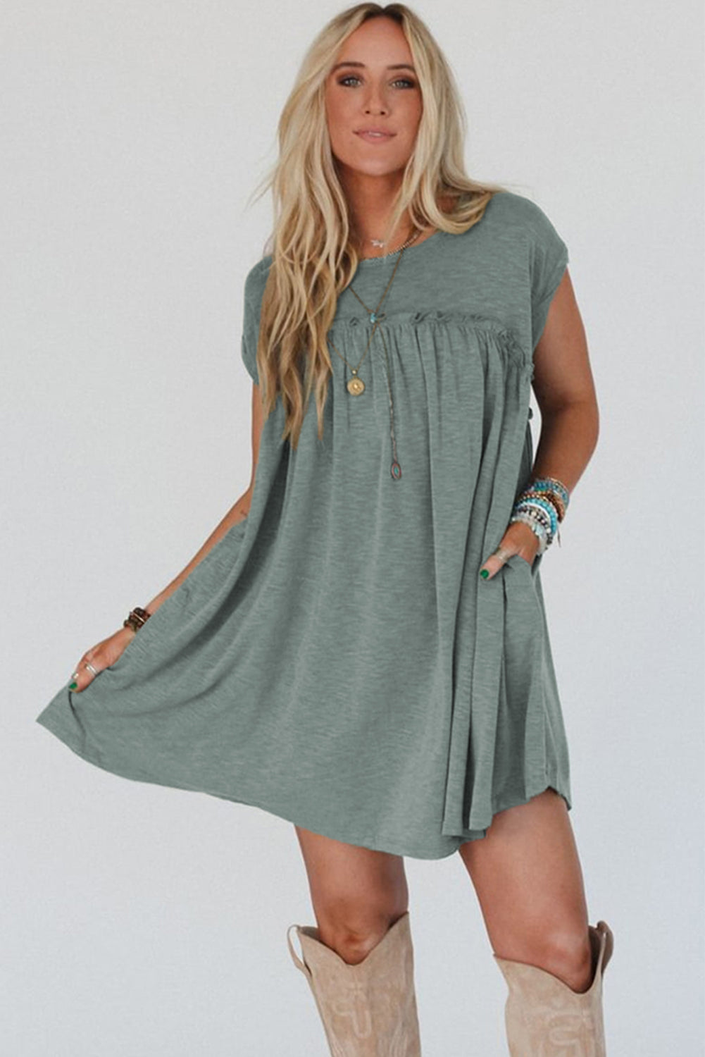 Mist Green Frilled Gathered Seam Round Neck T Shirt Dress