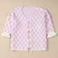 Light Pink Checkered Knitted Lace-up Ruffled 3/4 Sleeve Cardigan