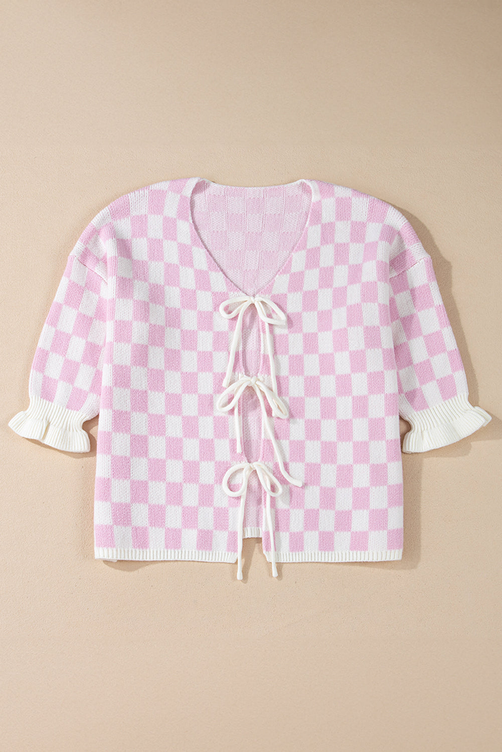 Light Pink Checkered Knitted Lace-up Ruffled 3/4 Sleeve Cardigan