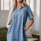 Beau Blue Short Sleeve Collared Patched Pocket Denim Mini Dress