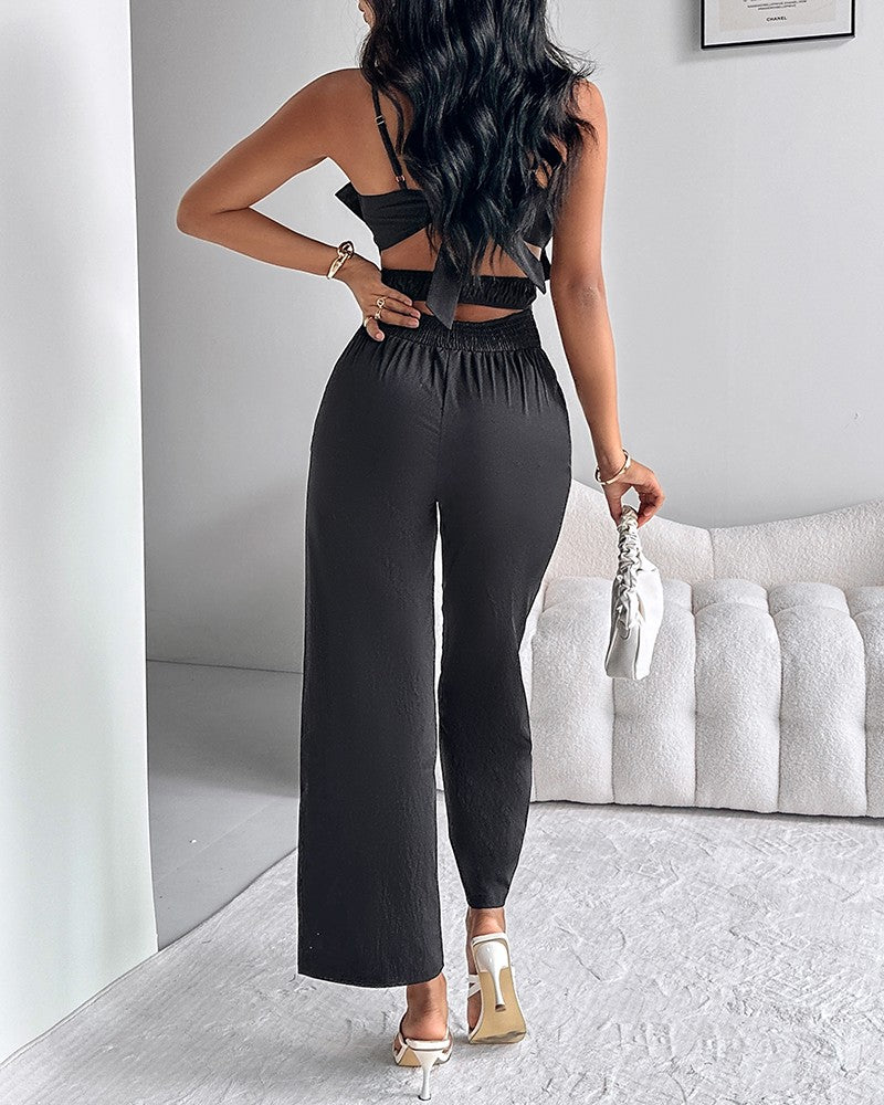 Floral Pattern Pocket Design Hollow Out Jumpsuit