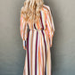 White Multicolor Striped Cuffed Sleeve Tassel Tied Shirt Maxi Dress