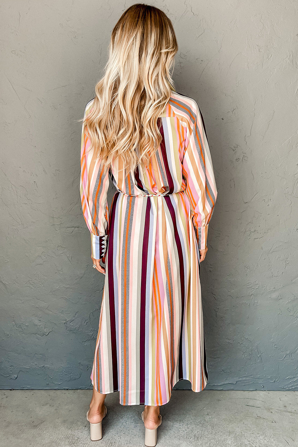 White Multicolor Striped Cuffed Sleeve Tassel Tied Shirt Maxi Dress