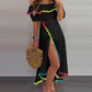 Colorblock Off the Shoulder Dip Hem Tassel Front Slit Dress Elegant Dress