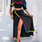 2 Piece Colorblock Off the Shoulder Dip Hem Tassel Front Slit Dress Wrap skirt Elegant Skirt Set