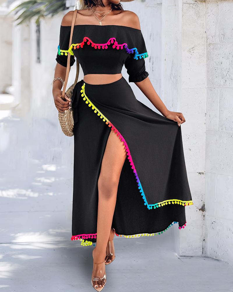 2 Piece Colorblock Off the Shoulder Dip Hem Tassel Front Slit Dress Wrap skirt Elegant Skirt Set