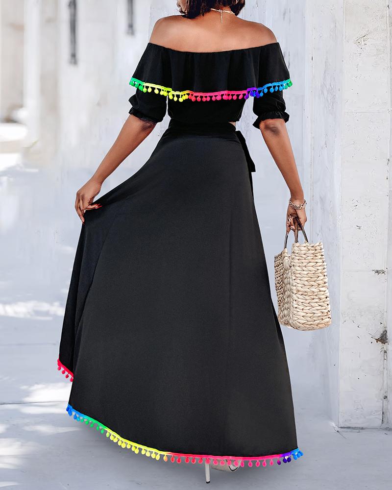 2 Piece Colorblock Off the Shoulder Dip Hem Tassel Front Slit Dress Wrap skirt Elegant Skirt Set