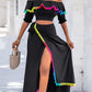 2 Piece Colorblock Off the Shoulder Dip Hem Tassel Front Slit Dress Wrap skirt Elegant Skirt Set