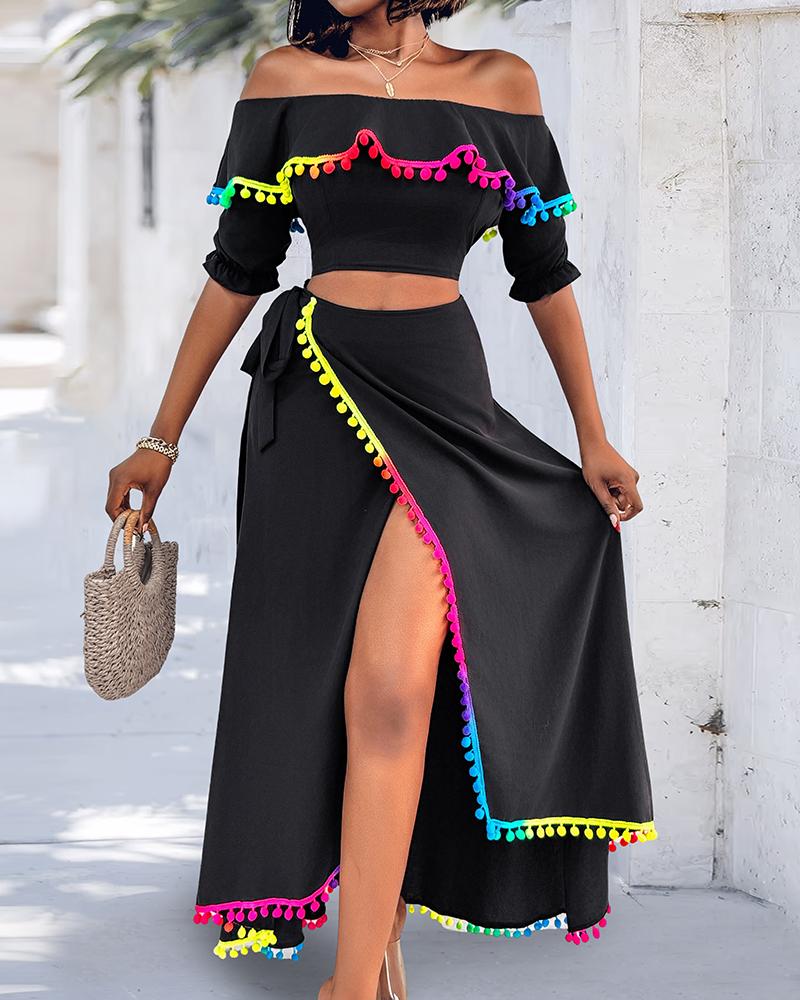 2 Piece Colorblock Off the Shoulder Dip Hem Tassel Front Slit Dress Wrap skirt Elegant Skirt Set