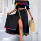 2 Piece Colorblock Off the Shoulder Dip Hem Tassel Front Slit Dress Wrap skirt Elegant Skirt Set