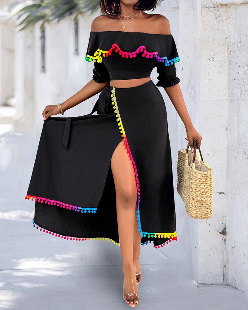 2 Piece Colorblock Off the Shoulder Dip Hem Tassel Front Slit Dress Wrap skirt Elegant Skirt Set