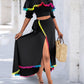 2 Piece Colorblock Off the Shoulder Dip Hem Tassel Front Slit Dress Wrap skirt Elegant Skirt Set