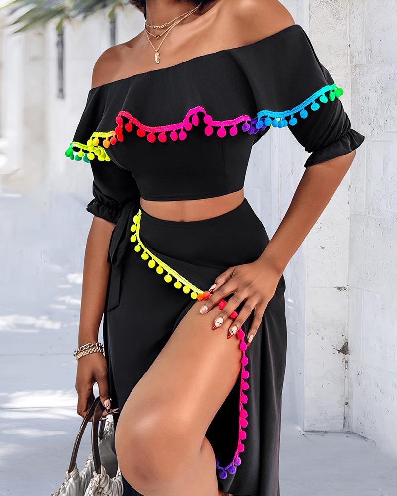 2 Piece Colorblock Off the Shoulder Dip Hem Tassel Front Slit Dress Wrap skirt Elegant Skirt Set