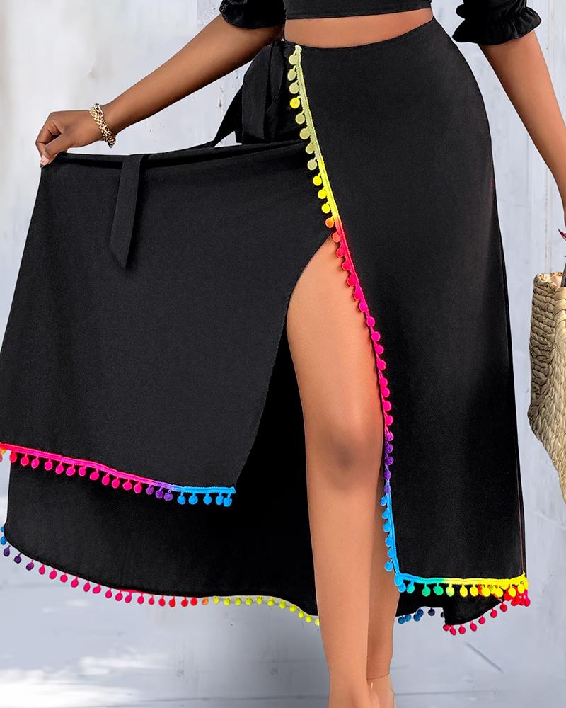 2 Piece Colorblock Off the Shoulder Dip Hem Tassel Front Slit Dress Wrap skirt Elegant Skirt Set