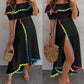 2 Piece Colorblock Off the Shoulder Dip Hem Tassel Front Slit Dress Wrap skirt Elegant Skirt Set