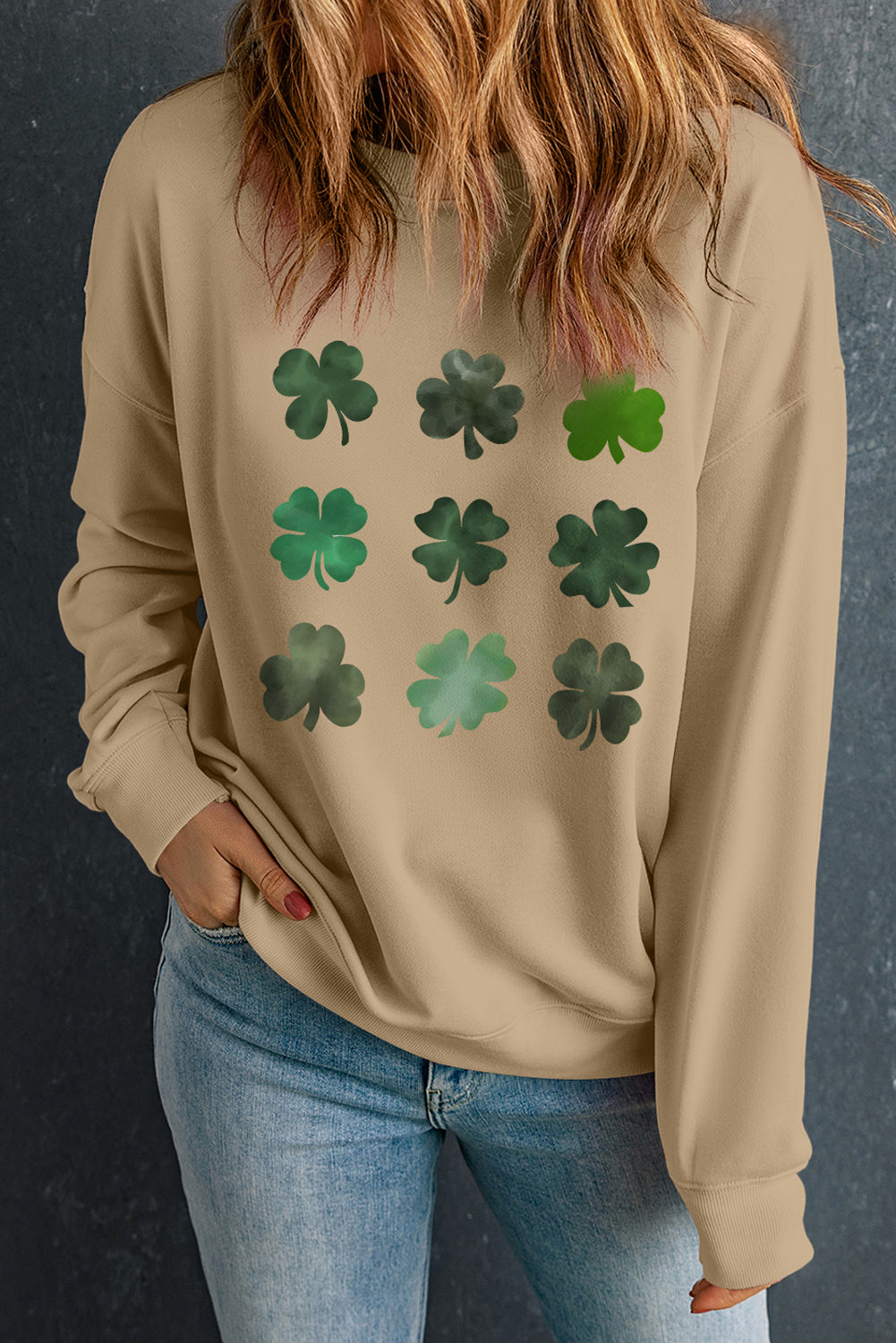 Khaki Diverse Clover Printed St Patrick Fashion Sweatshirt