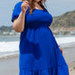 Dark Blue Shirred Ruffled Square Neck Plus Size Mini Dress