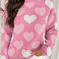 Pink Pearled Heart Print Valentines Crew Neck Sweater