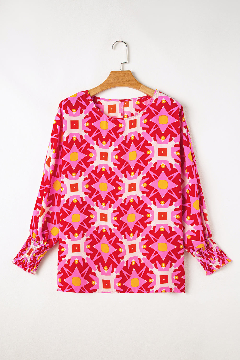 Strawberry Pink Geometric Print Shirred Cuff 3/4 Sleeve Loose Blouse